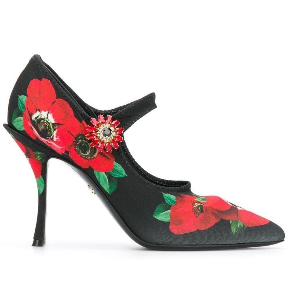 Dolce & Gabbana Black and Red Floral Heels with Brooch Detailing Embellishments